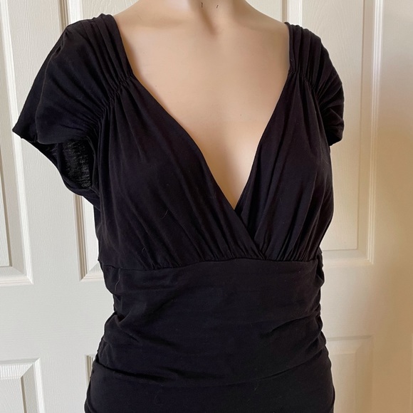 Velvet Deep V, Short Sleeve, Rusched Waist, Midi Dress Black L - Picture 4 of 4